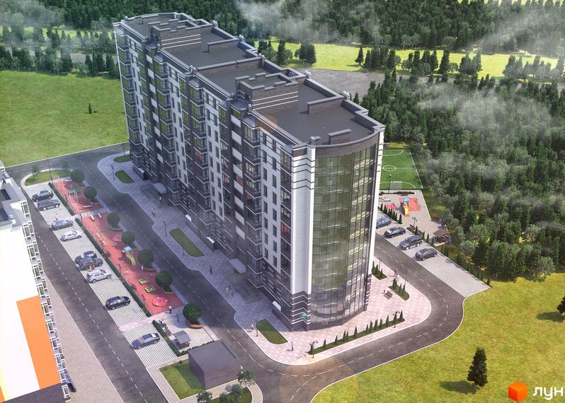 Будівельний проєкт Масани Панорама з багатоповерховими будинками та скляними фасадами, поруч дитячий майданчик та футбольне поле.