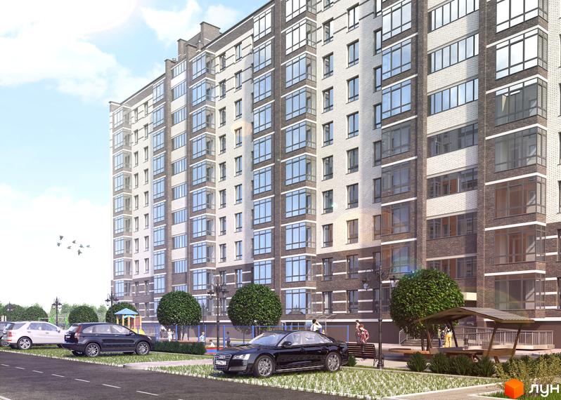 Зовнішній вигляд житлового комплексу Масани Панорама з багатоповерховими будинками та прибудинковою територією з автомобілями та зонами відпочинку.