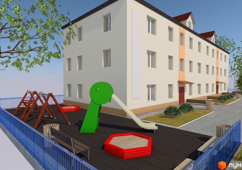 Зовнішній вигляд будинку житлового комплексу на вул. Житомирська, 45, з дитячим майданчиком та зоною відпочинку. Сучасна новобудова з упорядкованою прибудинковою територією.