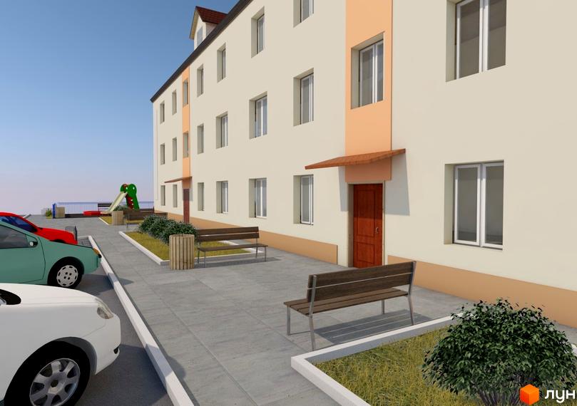 Зовнішній вигляд житлового комплексу на вул. Житомирська, 45, з прибудинковою територією, парковкою та дитячим майданчиком. Опис новобудови з парковкою та дитячим майданчиком.