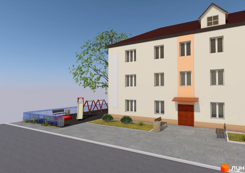 Зовнішній вигляд будинку на вул. Житомирська, 45, з дитячим майданчиком та зоною відпочинку. Новобудова з фасадом світло-бежевого кольору та коричневим дахом.