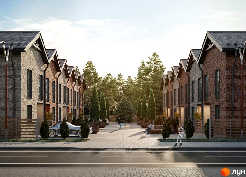 Зовнішній вигляд таунхаусів Nekrasov Townhouse з цегляним фасадом та акуратними зеленими насадженнями. На прибудинковій території розташовані лавки та доріжки для прогулянок.