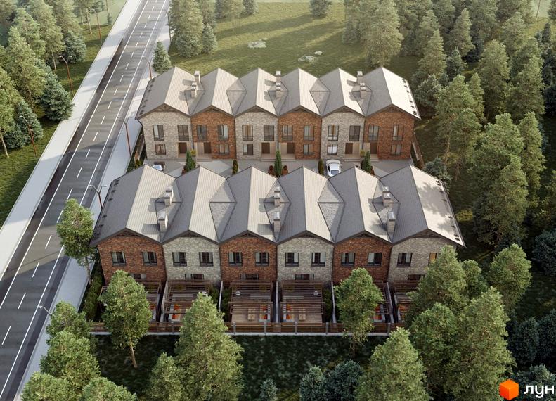 Нерухомість Nekrasov Townhouse: двоповерхові таунхауси з цегляним фасадом та сірим дахом, розташовані поруч із зеленою зоною та дорогою.