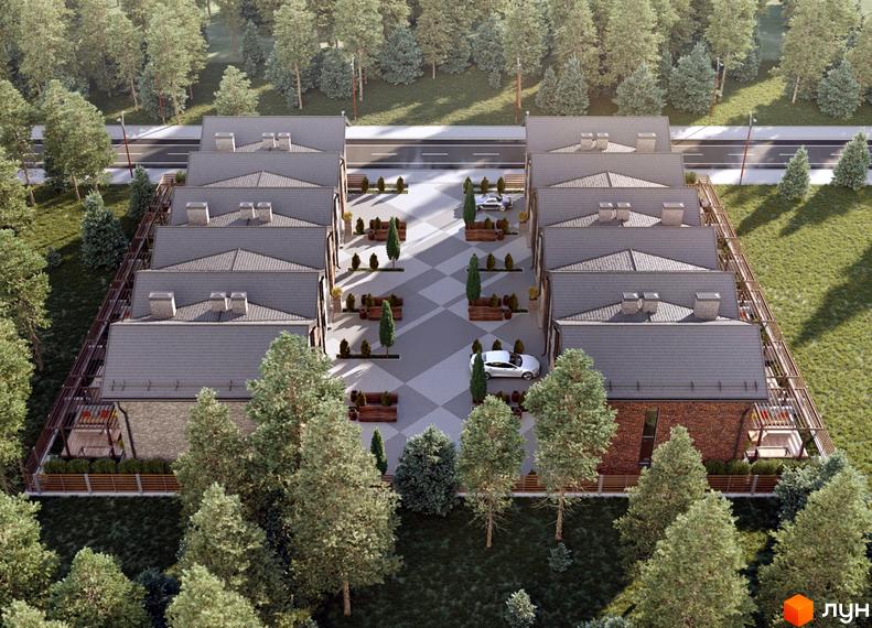 Некрасів Таунхаус: вид зверху на таунхауси з сірими дахами та прибудинкову територію з деревами та зонами відпочинку. Комплекс розташований серед зелених насаджень.