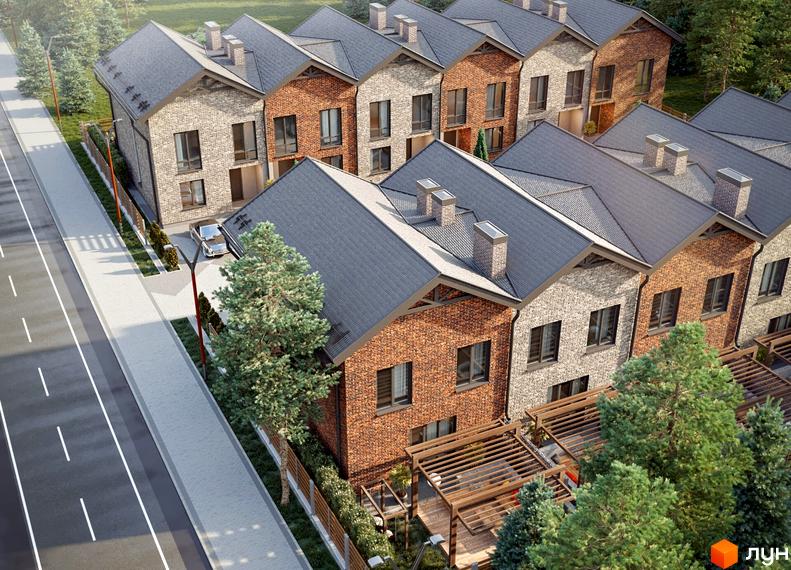 Некрасів Таунхаус: сучасні цегляні та сірі таунхауси з сірими дахами, розташовані вздовж дороги з пішохідною зоною та зеленими насадженнями.