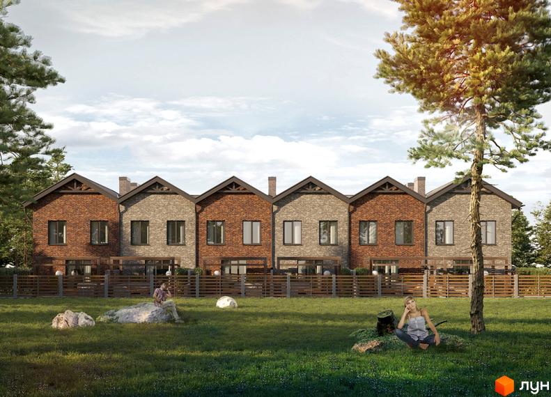 Зовнішній вигляд таунхаусів Nekrasov Townhouse з цегляним фасадом та зеленим подвір'ям, де відпочивають люди.