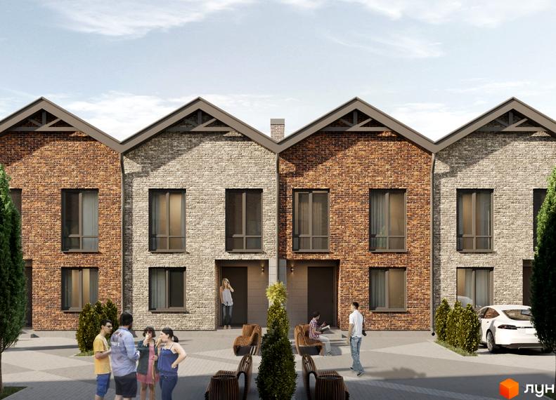 Некрасівський комплекс: фасади таунхаусів з цегли та каменю, прибудинкова територія з людьми та автомобілем.