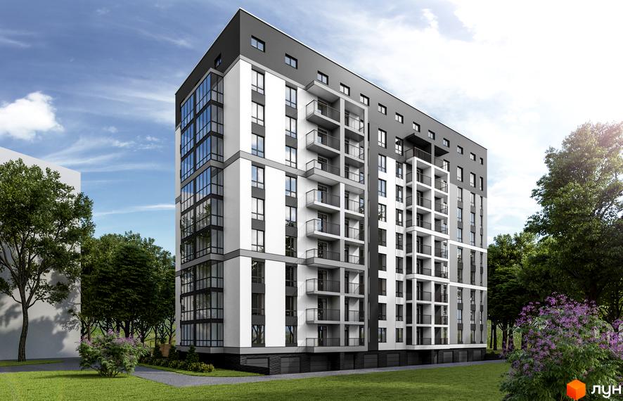 Житловий комплекс Вишневий - це сучасна новобудова з панорамними вікнами та балконами, оточена зеленим парком та квітучими кущами.