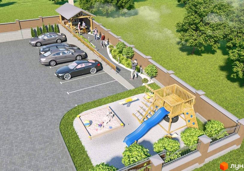 Житловий комплекс Клубний будинок 16. Паркінг, дитячий майданчик з пісочницею та гіркою, зона відпочинку з навісом.