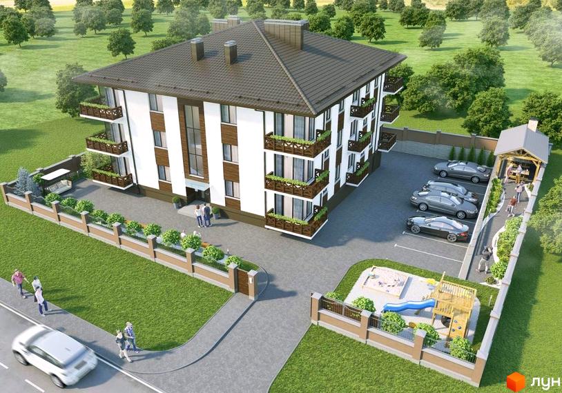 Зовнішній вигляд ЖК Клубний будинок 16 з балконами та парковкою. На прибудинковій території дитячий майданчик та зелені насадження.