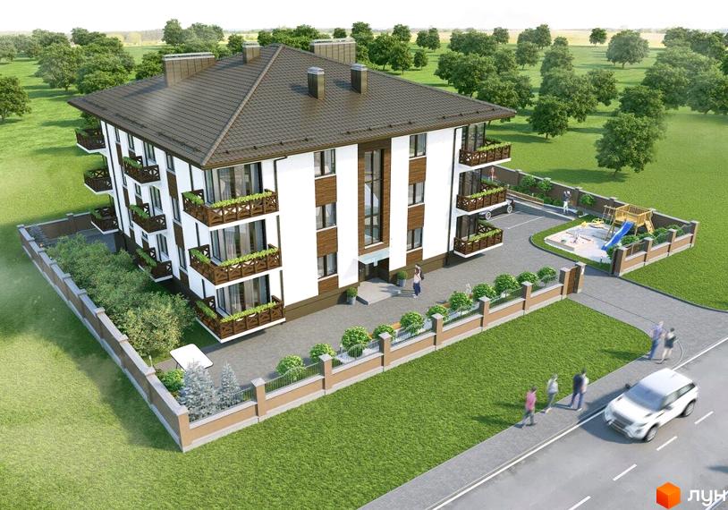 Зовнішній вигляд клубного будинку 16 з балконами та вікнами, прибудинкова територія з дитячим майданчиком та дорогою.