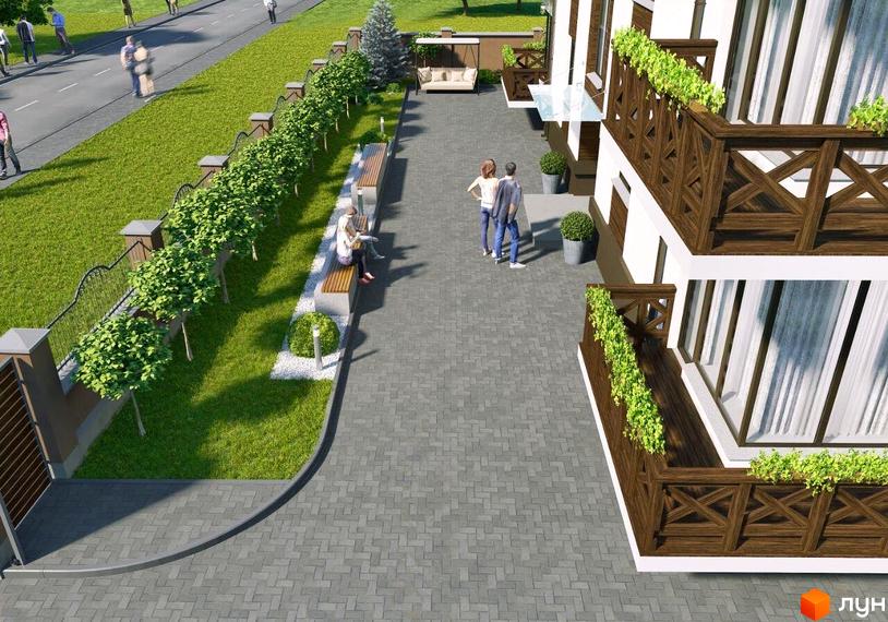 Зовнішній вигляд клубного будинку 16 з дерев'яними балконами та озелененою територією. На прибудинковій території розташовані лавки та дерева.