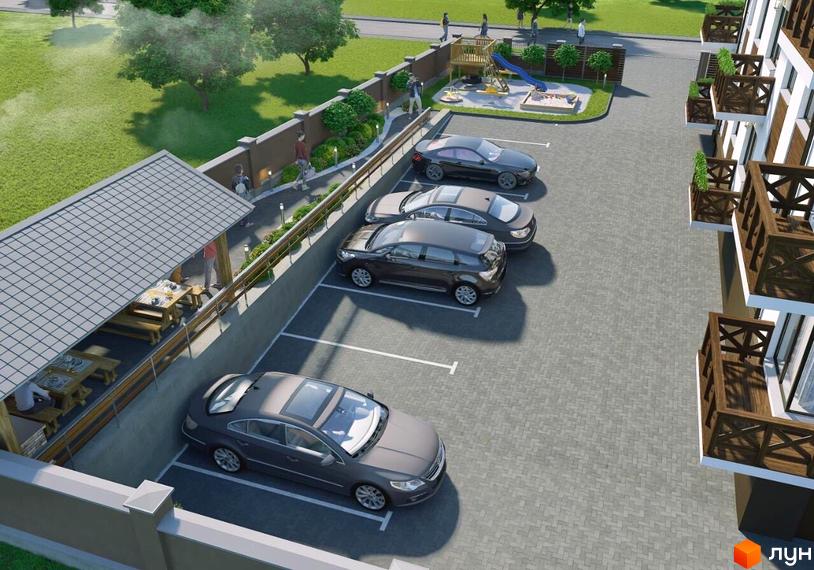 Зовнішній вигляд ЖК Клубний будинок 16 з парковкою та дитячим майданчиком. Опис новобудови з прибудинковою територією.