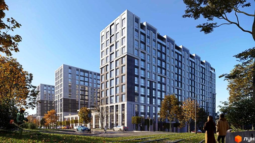 Житловий комплекс GENEVE з сірими фасадами та великими вікнами. Навколо комплексу зелена територія та дерева з осіннім листям.