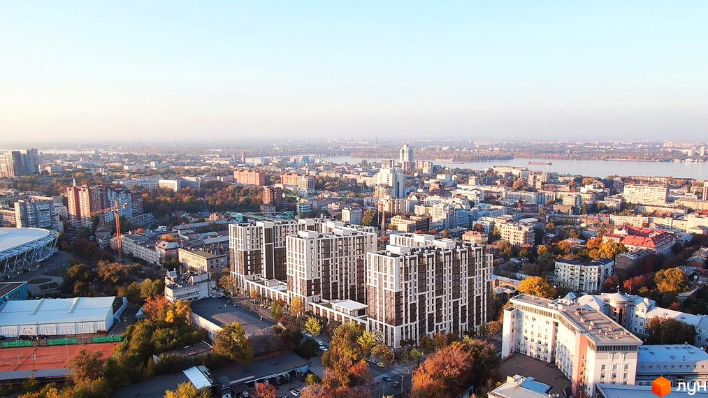 Житловий комплекс GENEVE - сучасна архітектура новобудов з панорамним видом на місто та річку. Фото комплексу з висоти пташиного польоту.