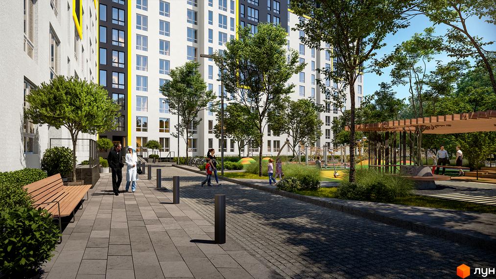 Зовнішній вигляд будинку в Житловому комплексі Шенген. На прибудинковій території є дерева, лавки та дитячий майданчик.