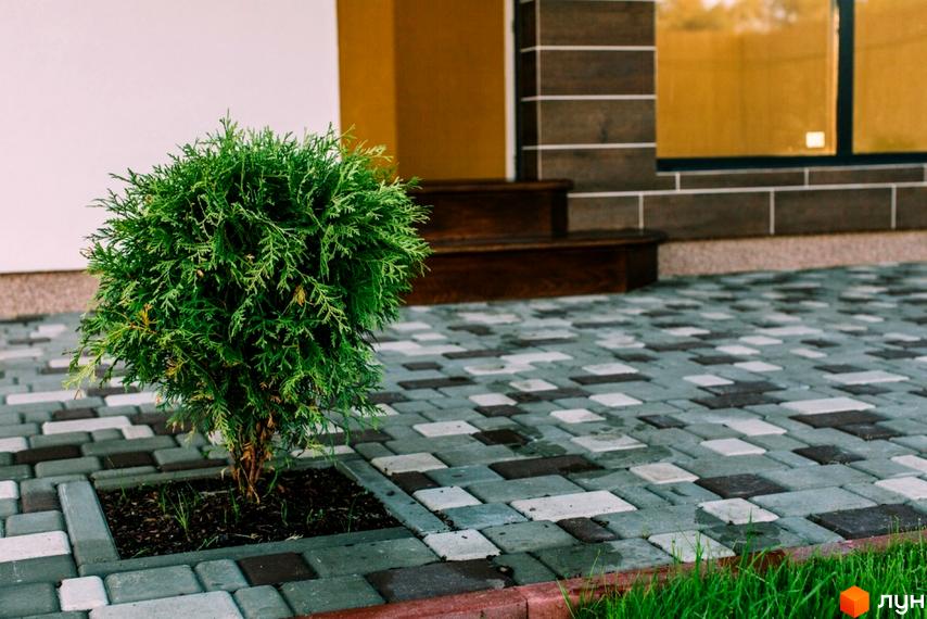 Котеджне містечко КМ Villa Grace: зелена рослина на фоні будинку з дерев'яними сходами та вікнами. Прибудинкова територія викладена плиткою.