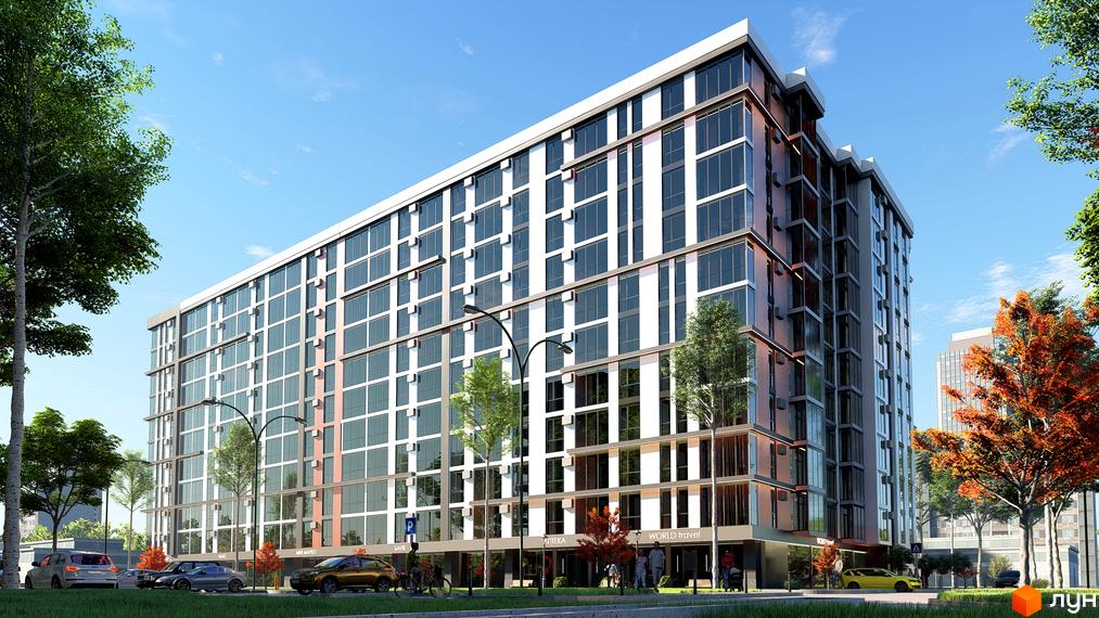 Зображення фасаду Житлового комплексу по вулиці Тернопільська, 42. Багатоповерхова будівля з великими вікнами та прилеглою територією.