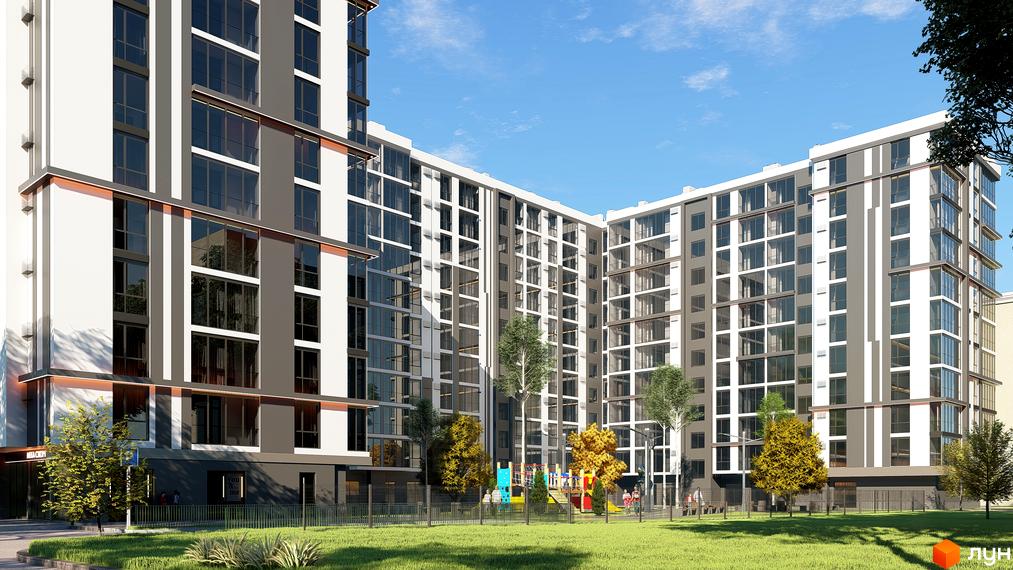 Зображення фасаду Житлового комплексу на вул. Тернопільській, 42. Вигляд на будівлю та зелену прибудинкову територію з дитячим майданчиком.