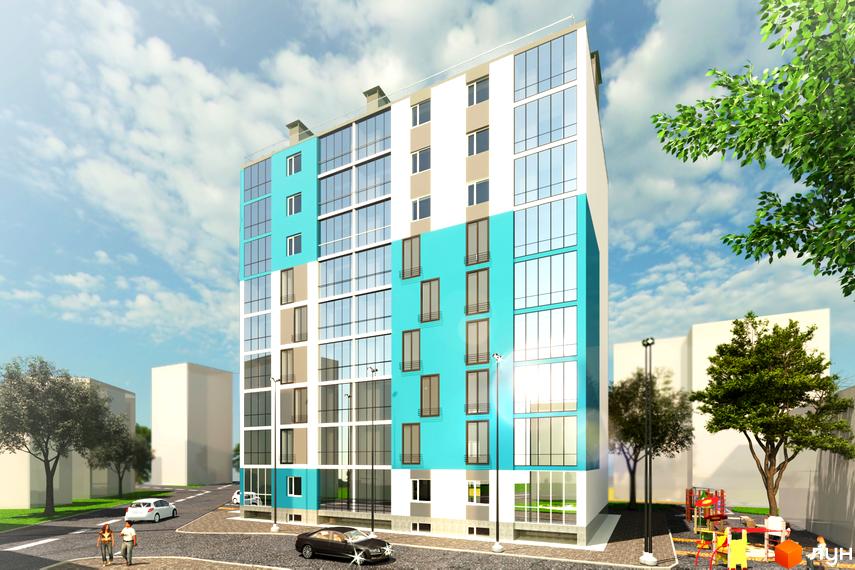 Житловий комплекс Аквамарин - це сучасна новобудова з блакитними та білими фасадами, великими вікнами та дитячим майданчиком на прибудинковій території.