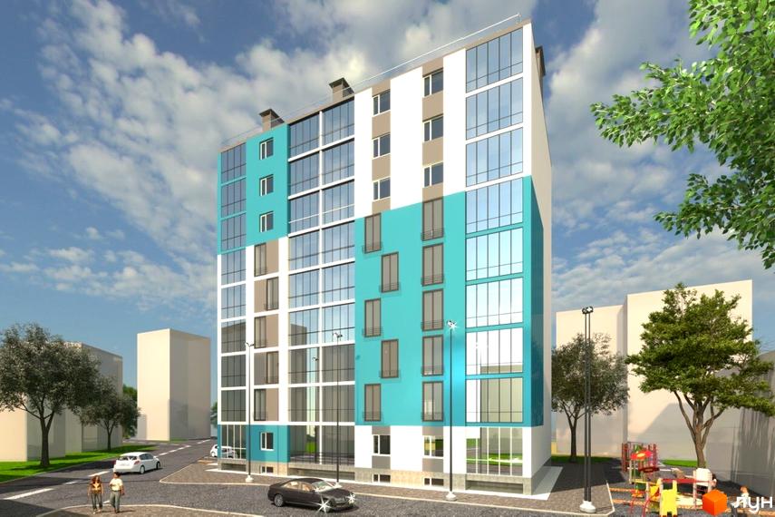 Житловий комплекс Аквамарин – це багатоповерхова новобудова з біло-блакитним фасадом та великими вікнами. На прибудинковій території розташовані дерева та дитячий майданчик.