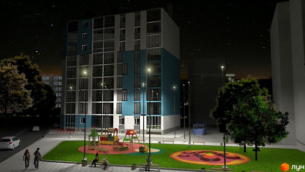 Житловий комплекс Аквамарин вночі з дитячим майданчиком та освітленням. Сучасна архітектура та прибудинкова територія.