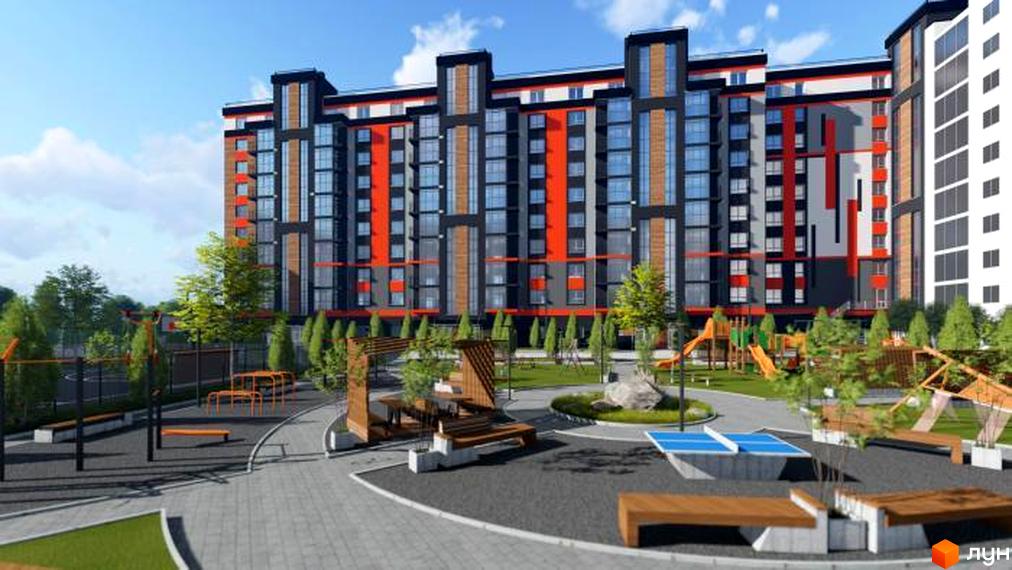 Житловий комплекс Вінницький: фасади будівель у чорно-червоних тонах, прибудинкова територія з дитячим майданчиком та зонами відпочинку.