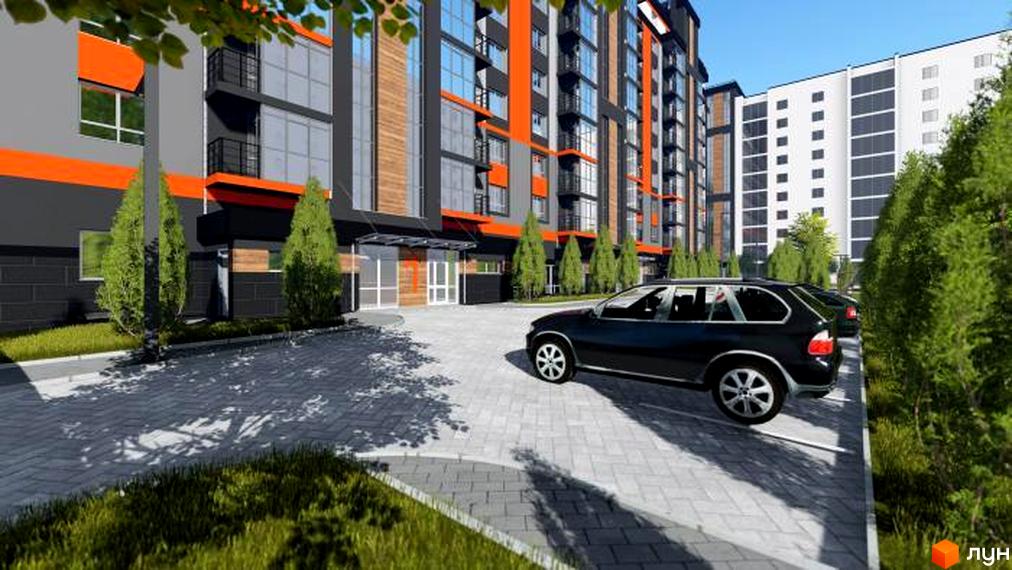 Новобудова ЖК Вінницький з яскравими помаранчевими елементами та сірими фасадами. Прибудинкова територія з бруківкою, деревами та припаркованими авто.