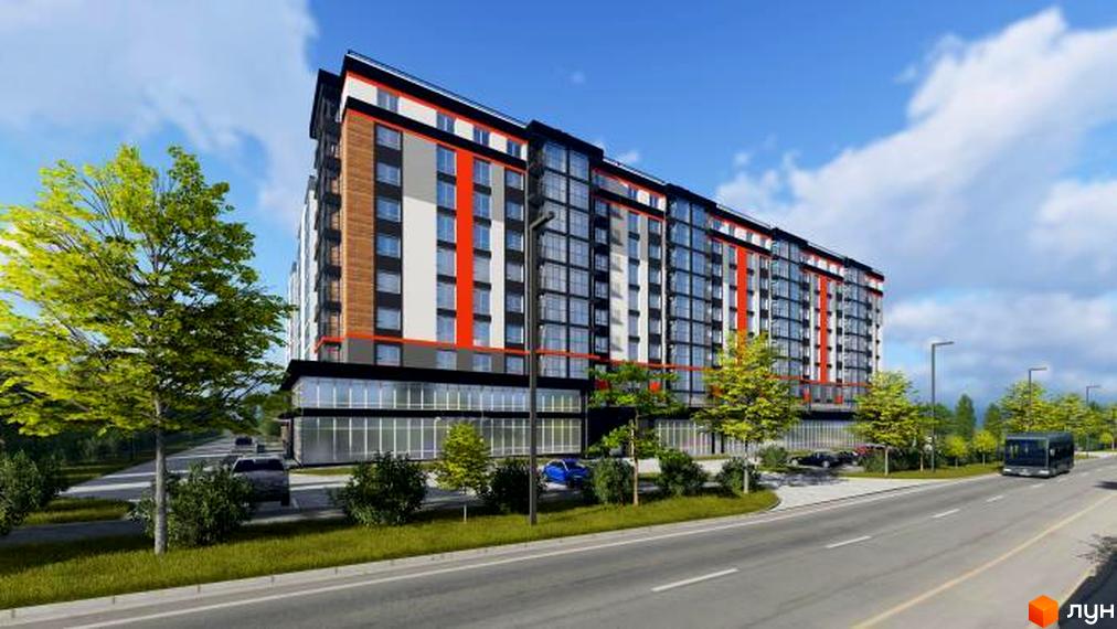 Житловий комплекс Вінницький – це багатоповерхова новобудова з фасадом з цегли, білих та сірих панелей з червоними акцентами. Навколо комплексу розташовані зелені зони та дорога.