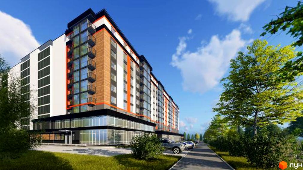 Зовнішній вигляд новобудови ЖК Вінницький з фасадами з білих, помаранчевих та дерев'яних панелей, скляними балконами. Прибудинкова територія з дорогою та зеленими насадженнями.