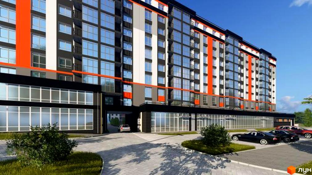 Зовнішній вигляд новобудови ЖК Вінницький: багатоповерховий будинок з панорамним склінням та яскравими оранжевими елементами. Прибудинкова територія з доглянутим газоном та паркуванням.