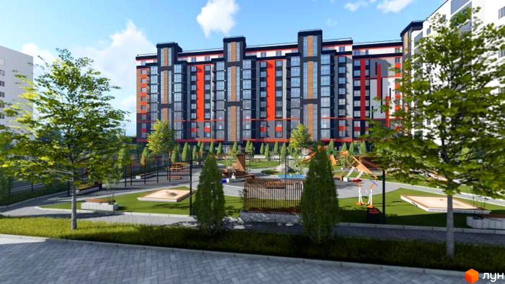 Житловий комплекс Вінницький з фасадом у темних тонах та яскравими червоними акцентами. Зелений двір з деревами та дитячим майданчиком.