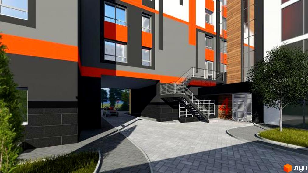 Зовнішній вигляд новобудови ЖК Вінницький з сірими та помаранчевими елементами фасаду. Прибудинкова територія з бруківкою та деревами.