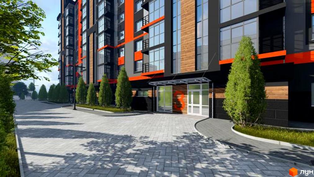 Новобудова ЖК Вінницький з оранжевими та дерев'яними елементами фасаду. Біля будинку вимощена бруківкою доріжка та зелені насадження.