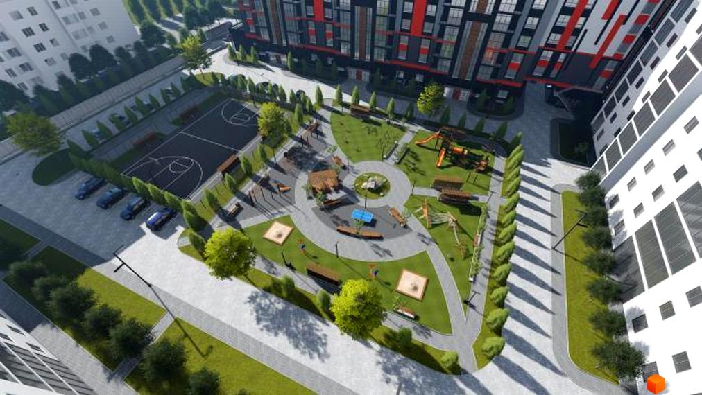 Житловий комплекс Вінницький: вид зверху на будівлі та прибудинкову територію з баскетбольним майданчиком, дитячим майданчиком та зонами відпочинку.