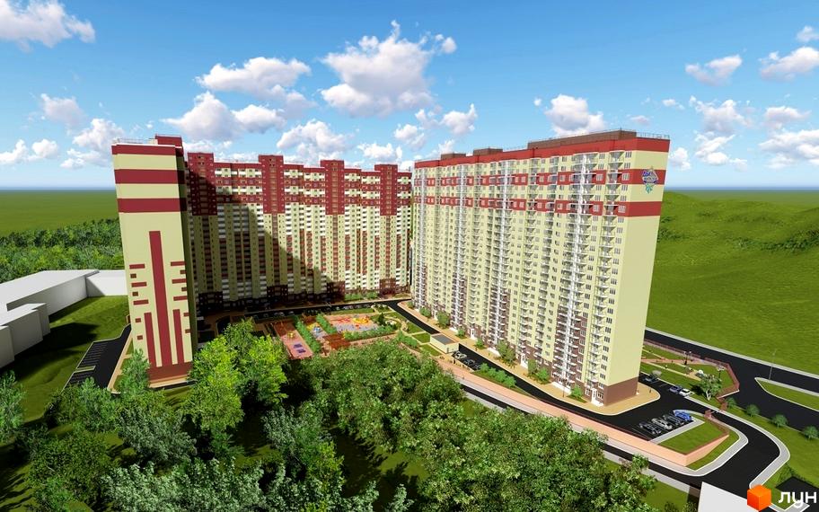 Житловий комплекс The Lakes – це висотні будинки з червоно-бежевим фасадом, балконами та прибудинковою територією з дитячими майданчиками та зеленими зонами.