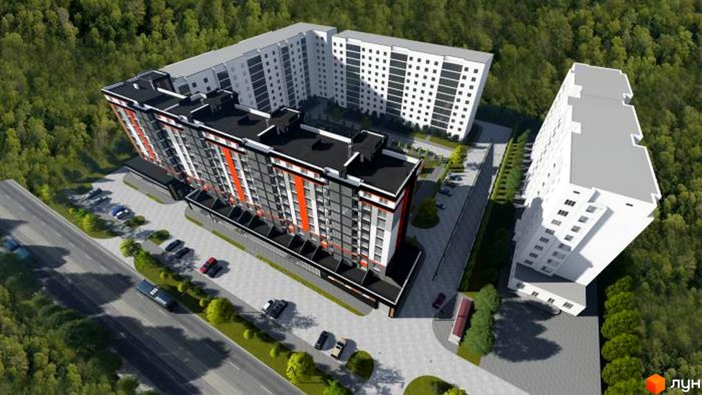 Житловий комплекс Вінницький. Зовнішній вигляд будівель з фасадами сірого, білого та помаранчевого кольорів. Прибудинкова територія з дорогою та парковкою.