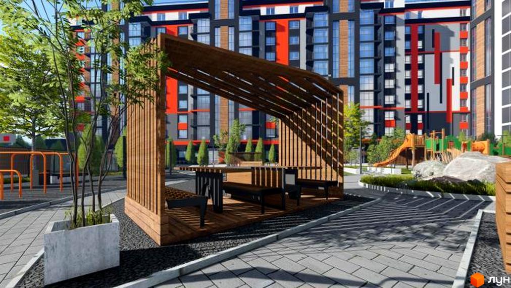 Житловий комплекс Вінницький: фасади будинків з червоними та чорними елементами, прибудинкова територія з альтанкою та дитячим майданчиком.