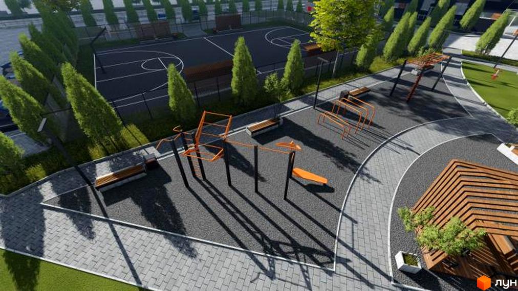 Житловий комплекс Вінницький. Комплекс має спортивний майданчик з баскетбольним полем та зоною для тренувань на свіжому повітрі.