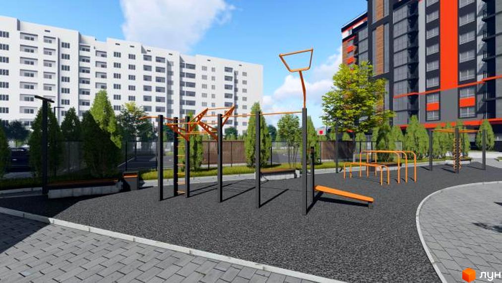 Житловий комплекс Вінницький: фасади будинків та спортивний майданчик з тренажерами на прибудинковій території. Фото новобудови.
