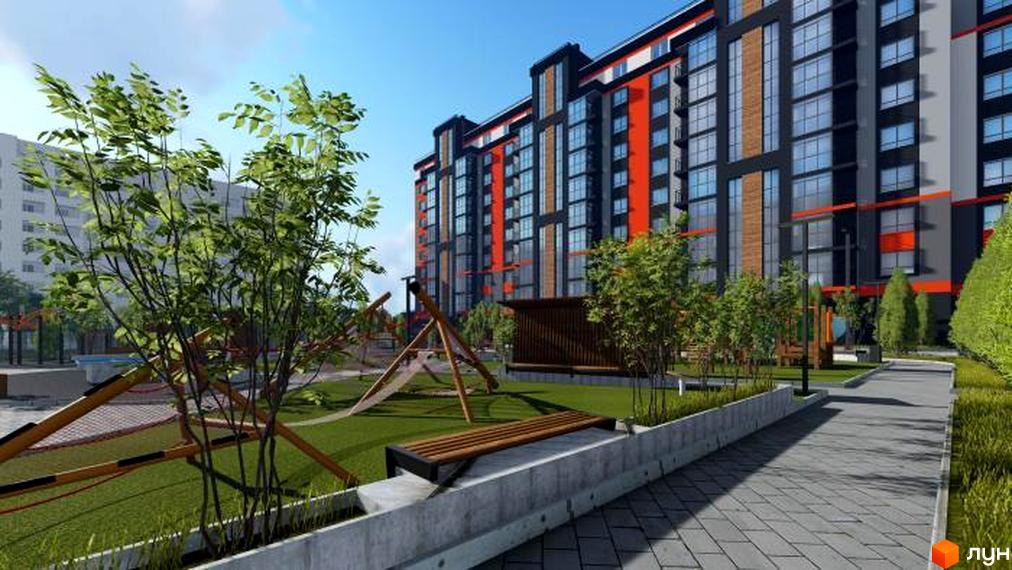Житловий комплекс Вінницький: фасади будівель з помаранчевими та чорними елементами, вікнами та прибудинкова територія з дитячим майданчиком та лавкою.