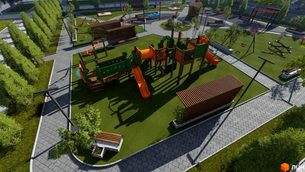 Дитячий майданчик у ЖК Вінницький з різнокольоровими гірками, гойдалками та зонами для відпочинку. Сучасний дизайн та безпечне покриття для дітей.