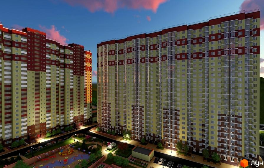 Зовнішній вигляд багатоповерхових будинків ЖК The Lakes з фасадами зеленого та бордового кольорів. На території комплексу розташований дитячий майданчик та місця для паркування.