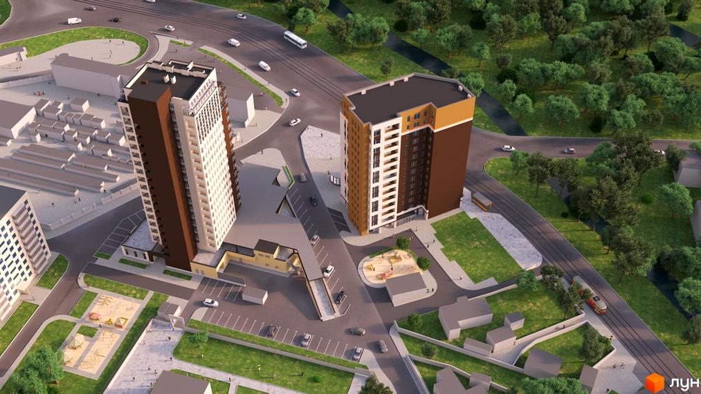 Житловий комплекс Воронцовський: двоповерхова забудова з паркінгом та дитячим майданчиком. Навколо зелена зона з деревами та проїжджа частина з автомобілями.