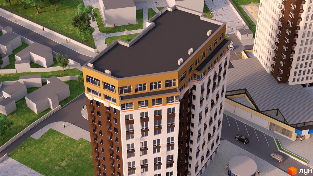 Житловий комплекс Воронцовський: сучасна архітектура з коричнево-білими фасадами та жовтими елементами, прибудинкова територія з зеленими зонами та дорогою.