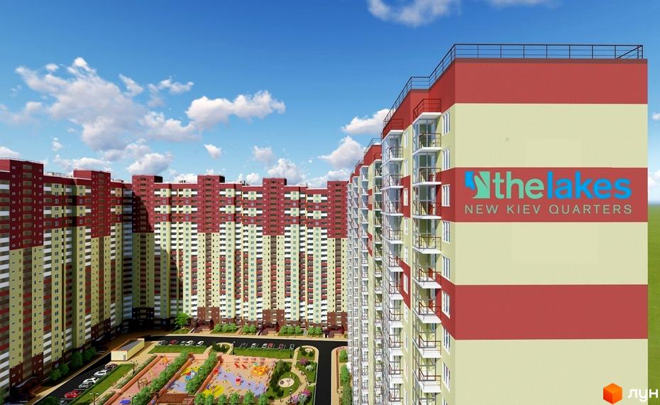 Зовнішній вигляд житлового комплексу The Lakes з багатоповерховими будинками та балконами. На території є дитячі майданчики та парковка.