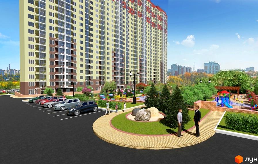 Житловий комплекс The Lakes: багатоповерховий будинок світло-жовтого кольору з коричневими елементами, парковка та дитячий майданчик з деревами.