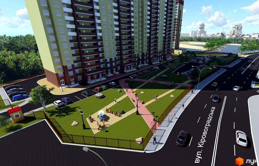 Житловий комплекс ЖК The Lakes - це висотна будівля з зеленою та коричневою обробкою, що оточена доглянутою прибудинковою територією з парковкою, зеленими зонами та місцями для відпочинку.