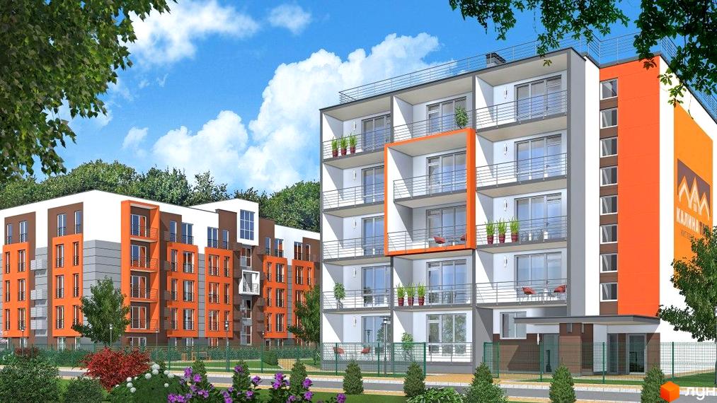 Зовнішній вигляд житлового комплексу Калина Таун з фасадами білого, сірого та оранжевого кольорів, балконами та прибудинковою територією з деревами та квітами.