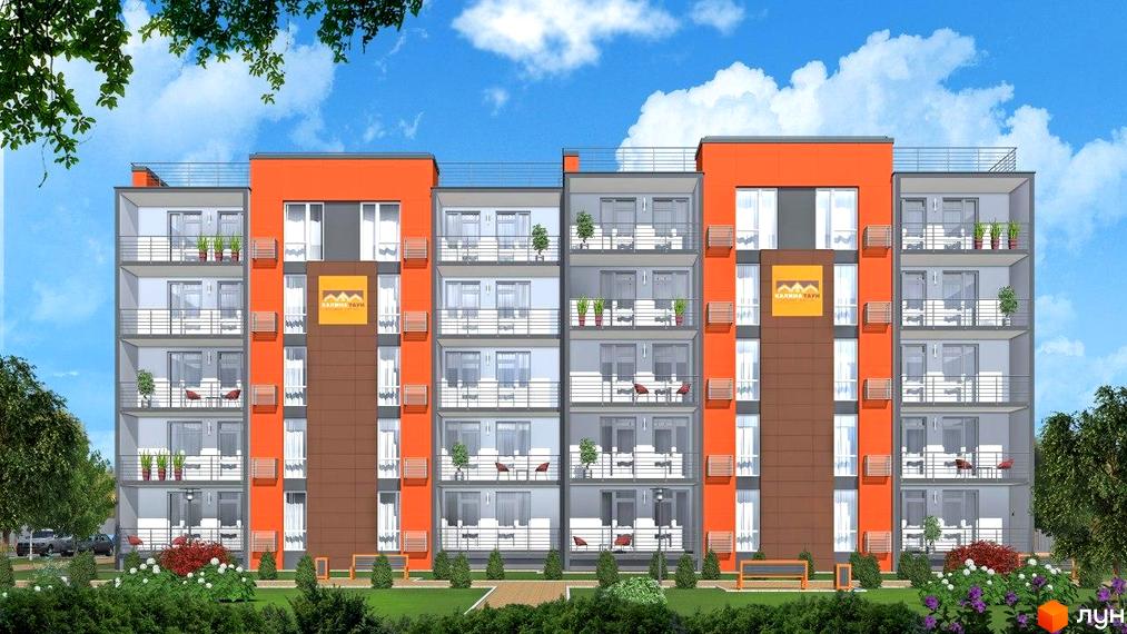 Фасад житлового комплексу Калина Таун з балконами та вікнами, зелена прибудинкова територія з деревами та квітами.